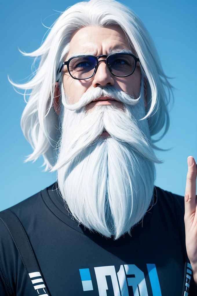 I want a character with white hair, black glasses, a white beard, a blue team shirt and a bright light blue background 