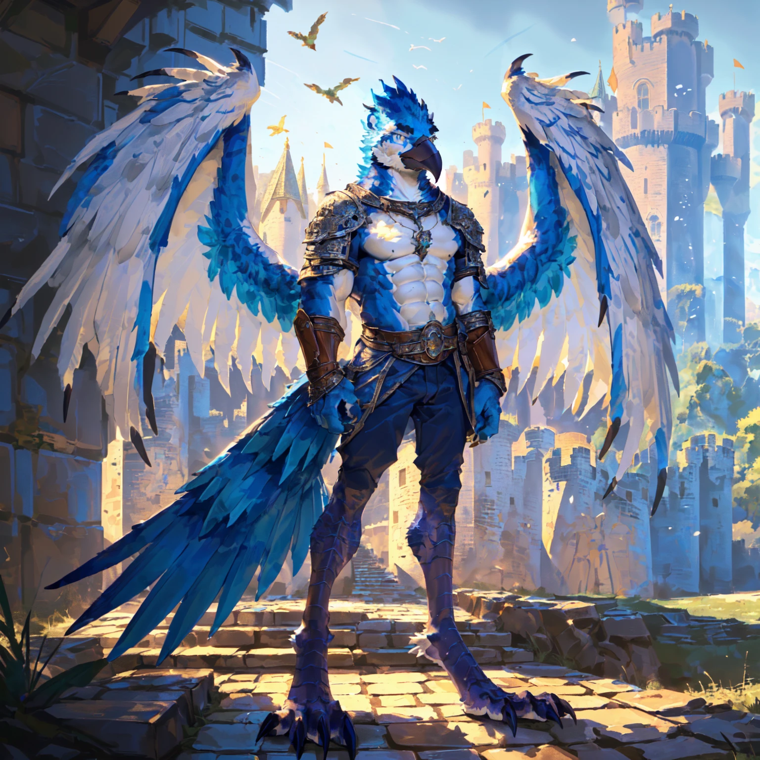 ((middle Ages:1.3,Castle Background:1.6)),(Royal Family:1.2),sunny,high resolution,4K,【whole body:1.1,Strike a pose:1.5】,masterpiece,high quality,((Griffin)),male,Furry,(teenager:1.3),hairy,((Fierce and vicious:1.4)),(((Lean:1.4,Big Wings:1.3,Bird claws子:1.3))),(((Blue head:1.3,White abs:1.4))),(((White Wings:1.3))),(((pupil:1.2))),(((Bird claws:1.3))),(((Long legs:1.3))),((No shirt,No underwear)),Exquisite eyes,Detailed body,Detailed claws,Detailed feet,Kenket's Art