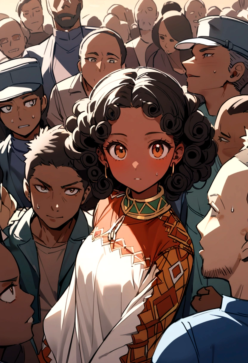 19 year old african girl , dressed in a moroccan jersey and an air force ,short black curly hair,with a crazy bunch of people