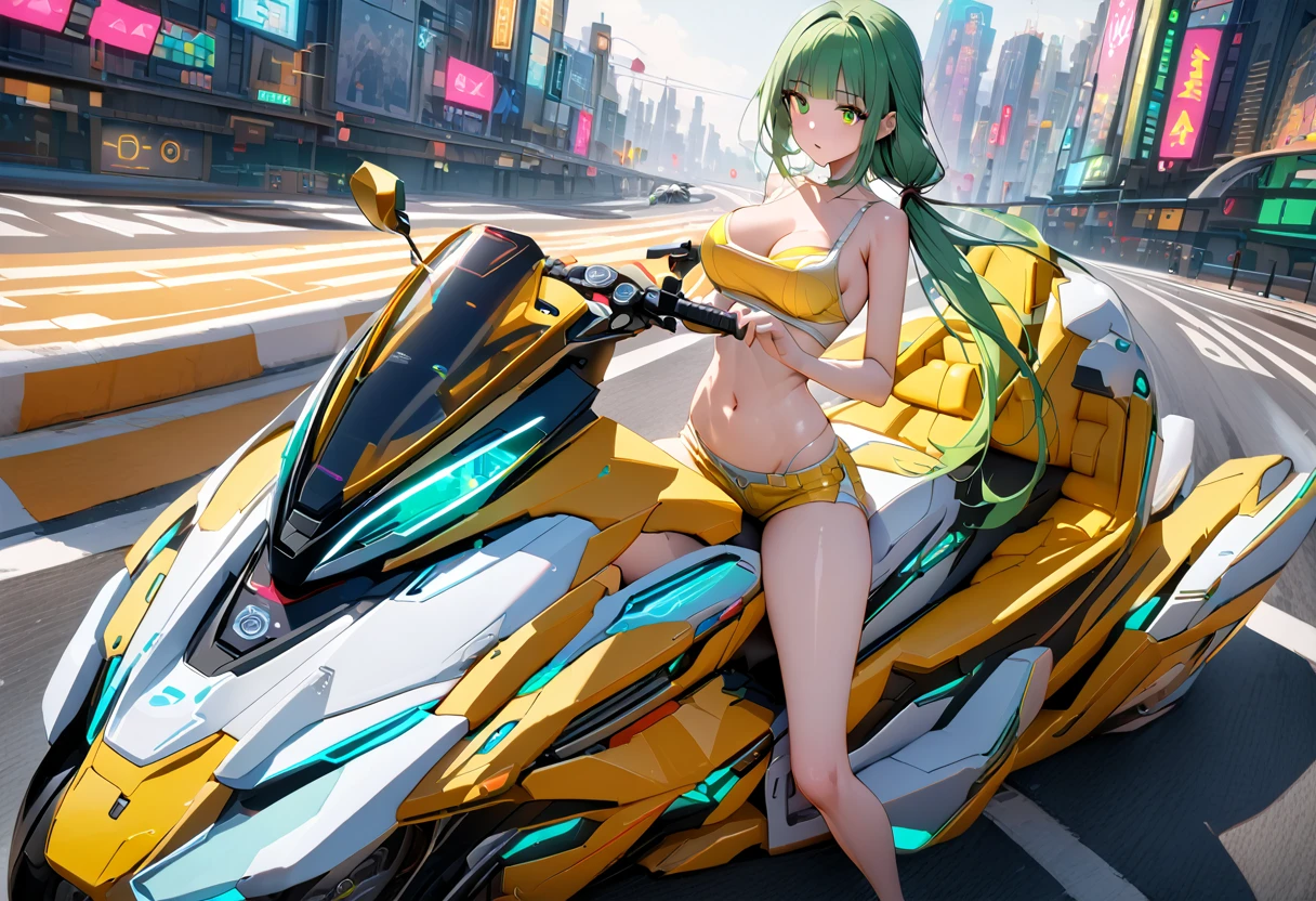 ((masterpiece,Highest quality:1.3)),cowboy shot,1woman,30 year old beauty、Investigator、独奏,(very small head:1.3),green hair,(low ponytail),long hair,blunt bangs,green eyes,gorgeous eyes,medium breasts,(very long body:1.2),(toned body,slender body,skinny),gleaming skin,shiny skin,oily skin,Yellow tube top bra、navel、Yellow micro shorts、(Drive a futuristic motorcycle、Sit on the seat:1.5)、White athletic shoes、Sprint、on road,Metropolis,neon、World of Blade Runner、