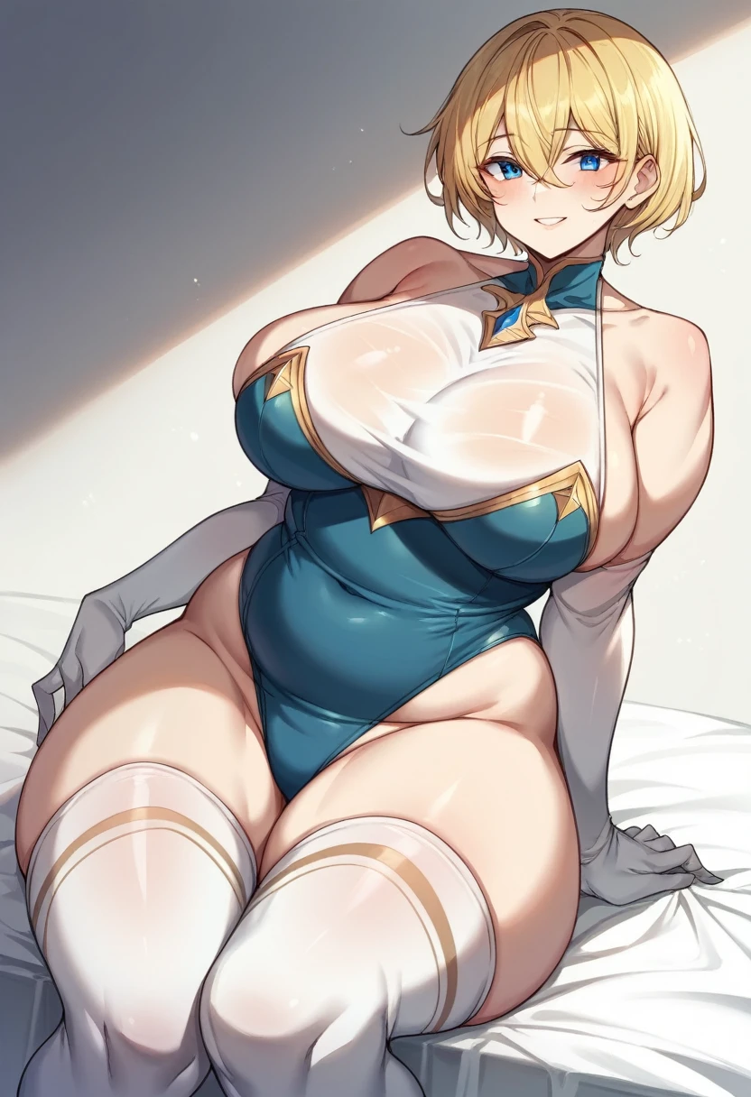 (One girl)、((short hair))、((Blonde))、(Sato Air)、((boyish))、((Big super breasts))、(Chubby)、beautiful girl、((Big thighs))、Blue Eyes、Navy blue leotard、No sleeve、Princess Knight、((hairs between eyes))、((thigh-high socks thighhighs))、(long gloves)、smile、((see-through))