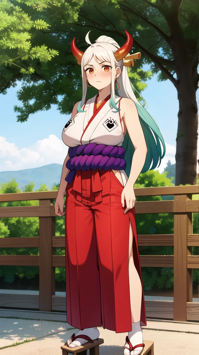 2d, masterpiece, best quality, anime, highly detailed face, highly detailed background, perfect lighting, 1girl, solo, yamato, orange eyes, long hair, multicolored hair, aqua hair, white hair, two-tone hair, high ponytail, horns, multicolored horns, hair ornament, bare shoulders, large breasts, looking at viewer, blush, ponytail, ahoge, sidelocks, earrings, japanese clothes, sleeveless, pants, bare arms, toes, sandals, hakama, rope, oni, hoop earrings, geta, hair stick, curled horns, shimenawa, red horns, sleeveless kimono, hakama pants,  japan background, japanese place, sakura trees, leafs falling, portrait,  