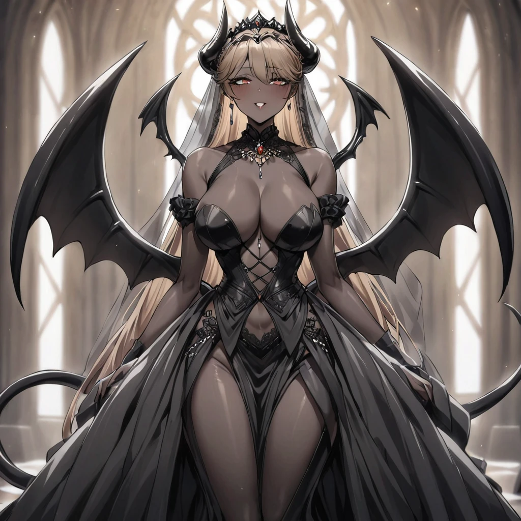 ((Highest quality)), ((masterpiece)), (detailed), (Perfect Face)、The woman is a , dark-skinned demon queen.、The woman is a jet-black female demon with magnificent devil horns, jet-black devil wings and a jet-black tail, her skin is jet-black, she is wearing a luxurious black gothic Victorian wedding dress and a black wedding veil, she is embracing the dignified and powerful Great Demon King, her whole body is loved by the Demon King, she is looking into the camera with a happy expression on her face as she holds her wedding ceremony, her name is Princess Leona, a jet-black demon, she has medium-long light brown hair, she is a demon in both body and mind, and she has the expression of a maiden in love.、The man is a dignified and powerful demon king, embracing the woman and looking into the camera as they hold their wedding ceremony, loving and adoring each other.