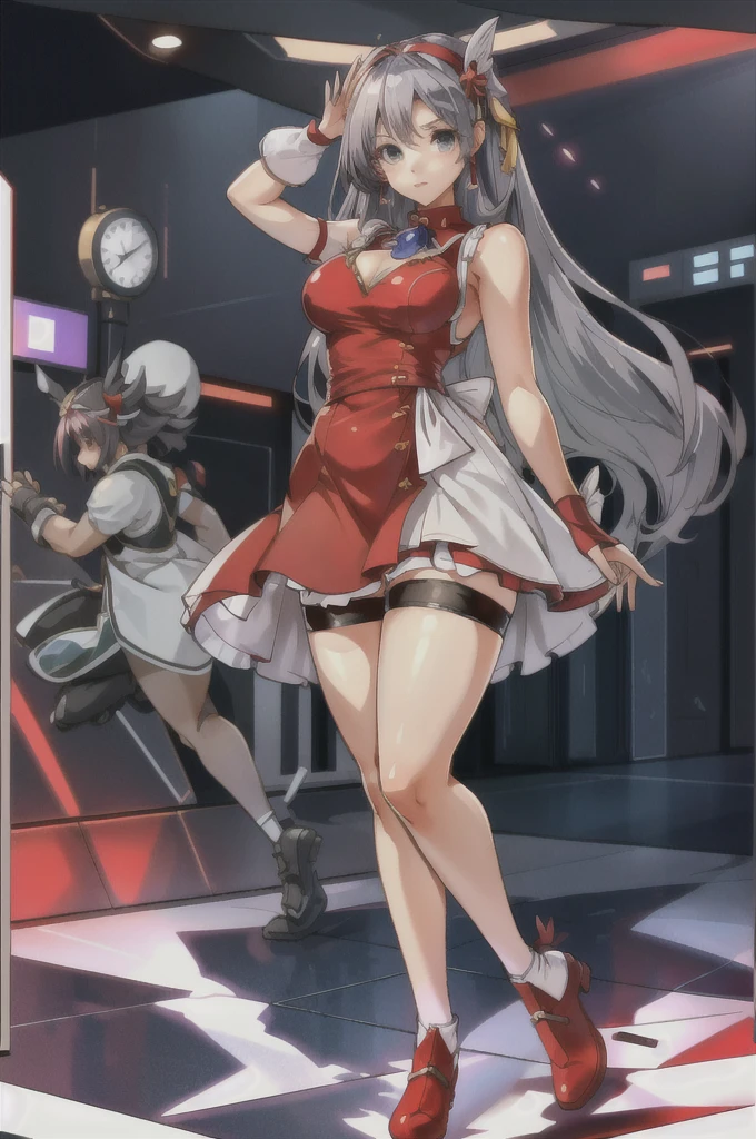 standing, girl, aisha madura_gray rat, short japanese dress, garter belt, whole body, 1girl, sleeveless, Red dress, bare legs, legs open, looking at the viewer, thick thighs, long legs, big breasts, black dress, big thighs, solid space, white panties, looking at the viewer, slightly visible panties, blush, under feet, fascinating thighs, extremely detailed eyes, detailed eyes, neckline