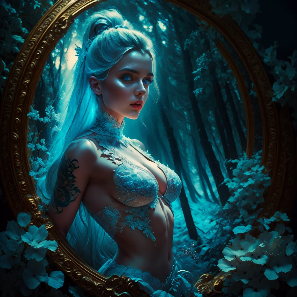 white forest in the background, colorful design, Aurora, mythical and fatal seduction, dynamic pose, porous white hair, big eyes, blue eyes, body covered in tattoos, red lips, erotic, dark light, flirtatious pose, seduction, bright light. mystical, leaves covering his private parts. Well detailed body, well detailed face, detailed eyes, detailed hands, strict details. tender look. perfect body, everything super detailed, 8k, masterpiece, intricate details. Behind perspective. 