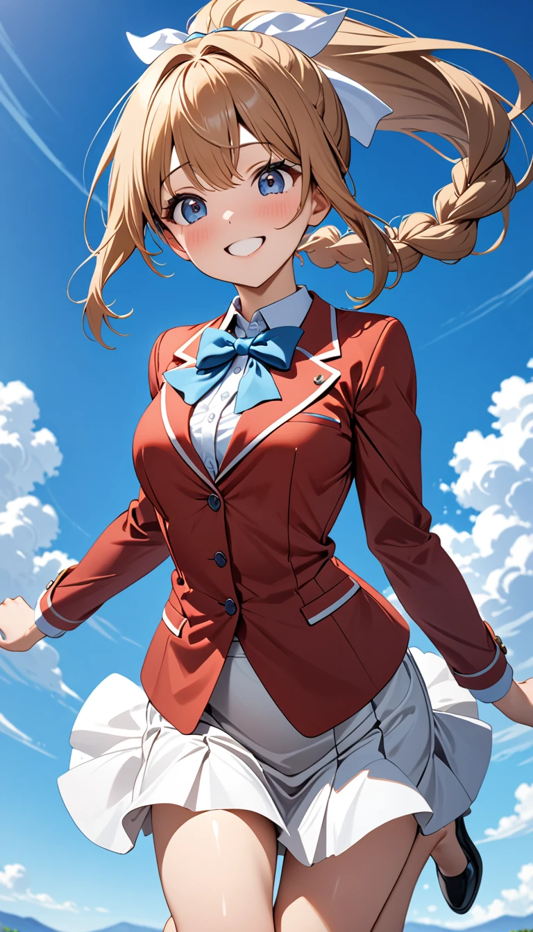 masterpiece, best quality, highres, ponytail hair, (single braid:1.2), hair ribbon, red blazer,buttoned blazer, blue bowtie, long sleeves, white skirt,jumping with both arms, cowboy shot, smile,blue sky background