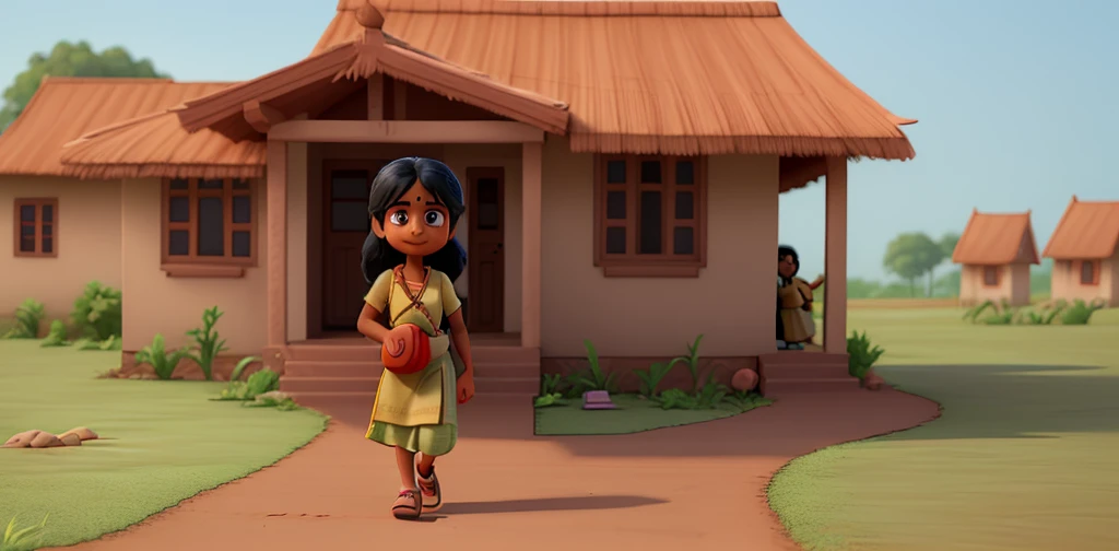 Priya walks out of her house carrying a small bag, looking excited and determined. She walks towards the edge of the village.4k