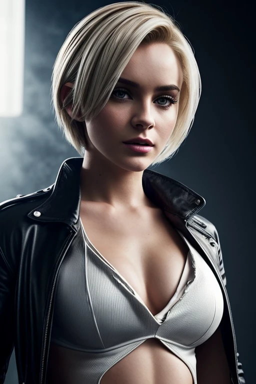 Gorgeous european woman with very short hair, short hair with fringe, wet hair, hair slicked back, combed straight back, slick hair, streaked blonde hair, seductive pose, sabrina carpenter as emma frost, torn ragged clothes, cleavage, solid dark grey background