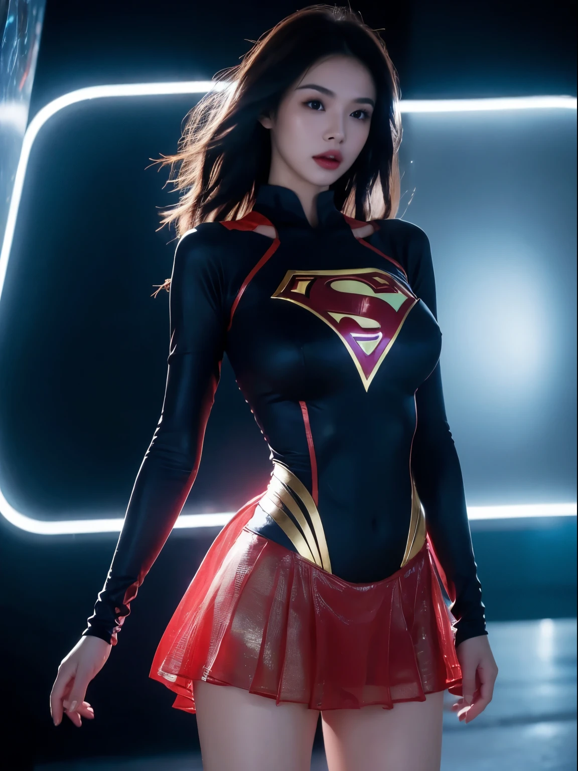 a close up of a asia woman in a superman costume standing on a cityscape, amouranth as a super villain, super photo realistic, realistic cosplay, super photo-realistic, ultra mega super hyper realistic, super-hero girl, super realistic photo, superhero body, highly detailed giantess shot, supergirl, superhero, superhero portrait, super model, super hero, super photorealistic, gigantic breasts, showing Vulvas muscular body, sexy body,