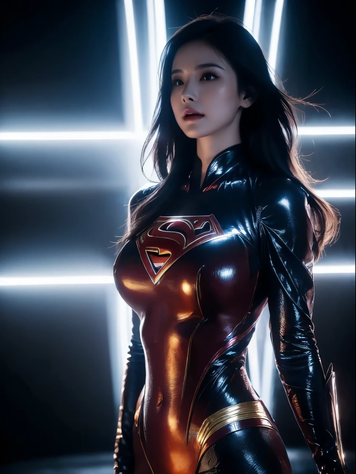 a close up of a asia woman in a superman costume standing on a cityscape, amouranth as a super villain, super photo realistic, realistic cosplay, super photo-realistic, ultra mega super hyper realistic, super-hero girl, super realistic photo, superhero body, highly detailed giantess shot, supergirl, superhero, superhero portrait, super model, super hero, super photorealistic, gigantic breasts, showing Vulvas muscular body, sexy body,