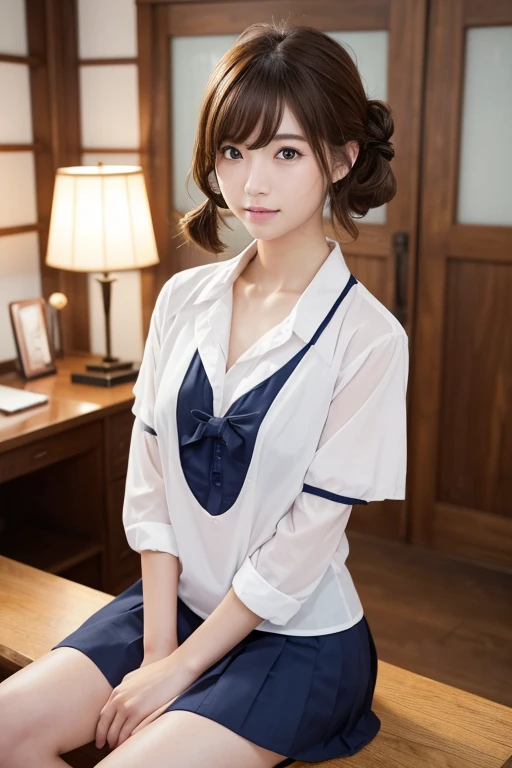 masterpiece:1.3), (8K, Realistic, RAW Photos, Best image quality: 1.4), Japanese schoolgirl、(Random Hairstyles:1.2)、Highly detailed face、Attention to detail、double eyelid、Chest to chest、Sharp focus:1.2、Beautiful woman:1.4、Light brown hair、Highest quality、masterpiece、Ultra-high resolution、(Realistic:1.4)、非常に詳細でプロフェッショナルに照らされたlol顔、Loose、thin、lol、Short-haired、Deadly position、Sitting with legs crossed