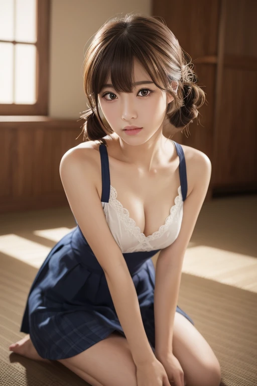 masterpiece:1.3), (8K, Realistic, RAW Photos, Best image quality: 1.4), Japanese schoolgirl、(Random Hairstyles:1.2)、Highly detailed face、Attention to detail、double eyelid、Chest to chest、Sharp focus:1.2、Beautiful woman:1.4、Light brown hair、Highest quality、masterpiece、Ultra-high resolution、(Realistic:1.4)、非常に詳細でプロフェッショナルに照らされたlol顔、Loose、thin、lol、Short-haired、Deadly position、Sitting with legs crossed