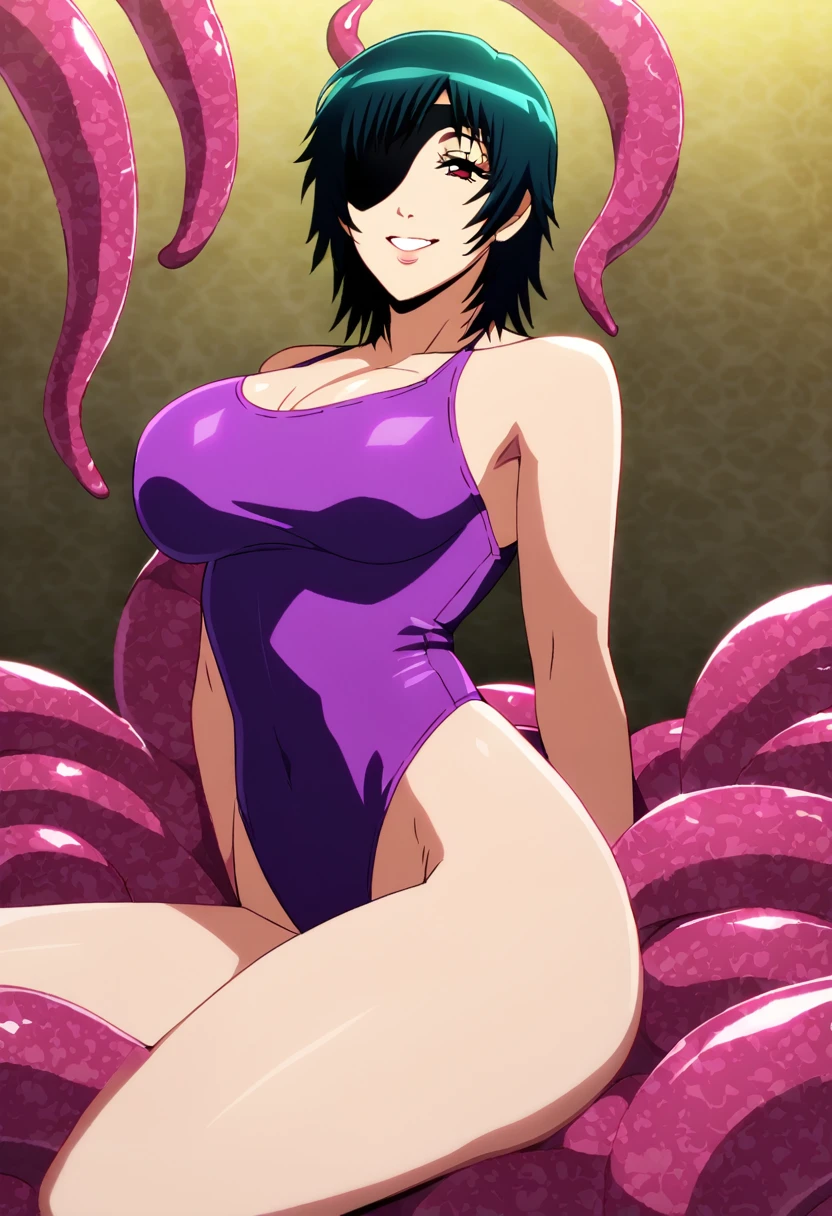 mature female, mature, Adult,((Himeno_CSM)), Himeno(Chainsaw Man), Eye patch, One Girl, solo, Grin, Villain, bad woman, chest, Black Hair, View your audience, short hair, Smile, A woman sits on a group of smooth tentacles,Tentacle Background, purple leotard,warm feeling,masterpiece,Top animation quality,Top image quality,cinematic feeling
