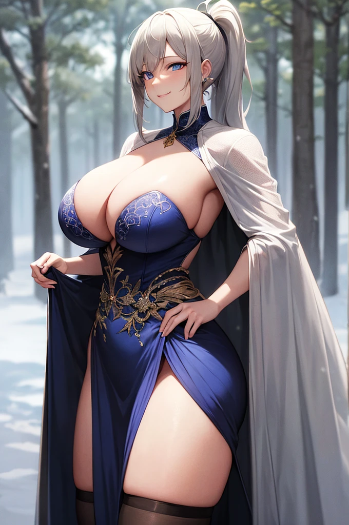 milf, 30 years old, (highres, masterpiece:1.2), white hair, robe, grey robe, huge breasts, thick thighs, standing, pelvic curtain, thighhighs, v-neck, strapless dress, blue eyes, smile, long hair, (layered dress, elaborate clothing, detailed clothing, detailed dress), ponytail, snow, forest in background, blue and white dress, cape, black legwear