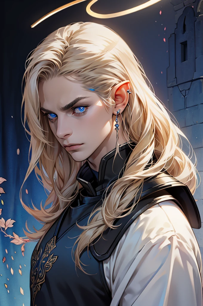 (masterpiece:1.2, best quality), (exquisite eyes: 1.2), ((solo)), (blue eyes:1.4), (exquisite eyes and exquisite face:1.3), ( beautiful and clear background: 1.2), (extremely detailed CG, super detailed, best shadows: 1.1), ((depth of field)), ((watercolor)), Beautiful Concept Art, (dark Background: 0.5), (Illustration: 1.1), (Extremely Delicate: 1.1), (Perfect Details: 1.1), Profile, long hair ,light brown hair,, solo,male, elf ears, ear piercings , black armor, black clothes,Fulllength, angry, big halo, strong, angel, metal helmet