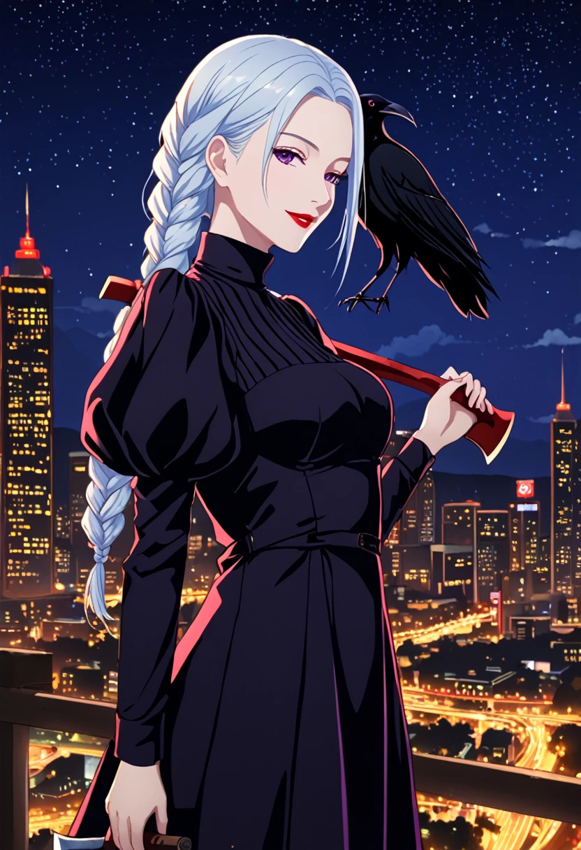 score_9_up, score_8_up, score_7_up, 1girl, solo, mature female, mei mei, (((holding axe))), (((large axe))), hand in hair, crow on shoulder, looking at viewer, white hair, braid, hair over one eye, half closed eye, braided ponytail, braided bangs, purple eye, red lips, parted lips, smile, long sleeves, dress, puffy sleeves, black dress, juliet sleeves, turtleneck dress, outdoors, night time, city, standing