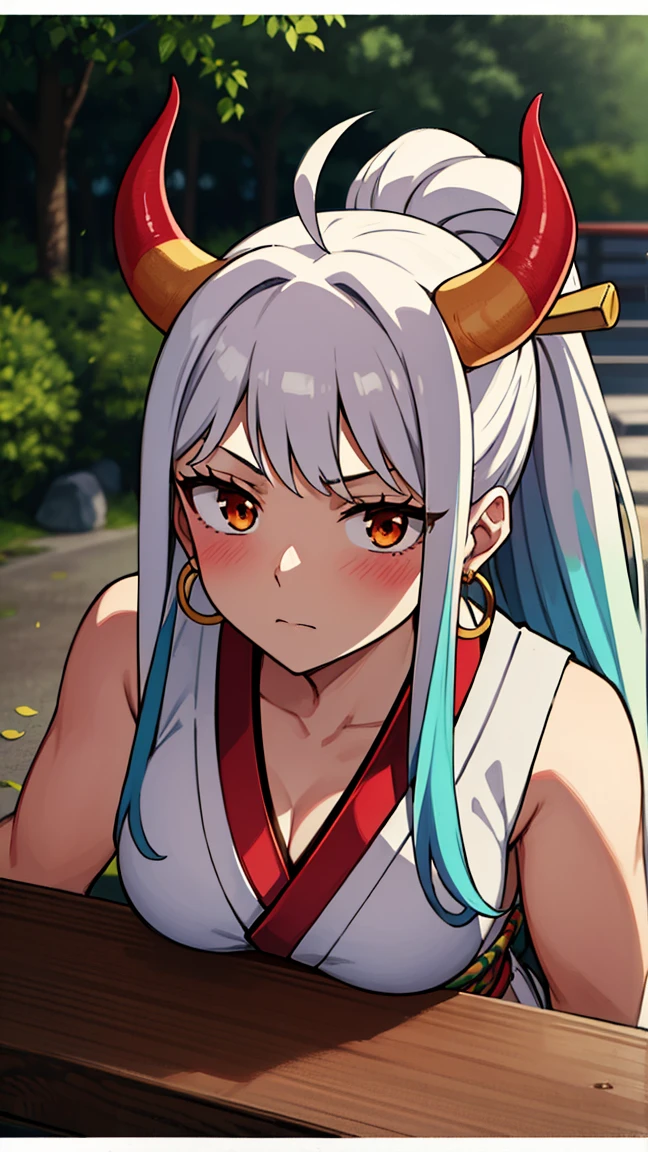 2d, masterpiece, best quality, anime, highly detailed face, highly detailed background, perfect lighting, 1girl, solo, yamato, orange eyes, long hair, multicolored hair, aqua hair, white hair, two-tone hair, high ponytail, horns, multicolored horns, hair ornament, bare shoulders, large breasts, looking at viewer, blush, ponytail, ahoge, sidelocks, earrings, japanese clothes, sleeveless, pants, bare arms, toes, sandals, hakama, rope, oni, hoop earrings, geta, hair stick, curled horns, shimenawa, red horns, sleeveless kimono, hakama pants, japan background, japanese place, sakura trees, leafs falling, portrait, beautiful body
