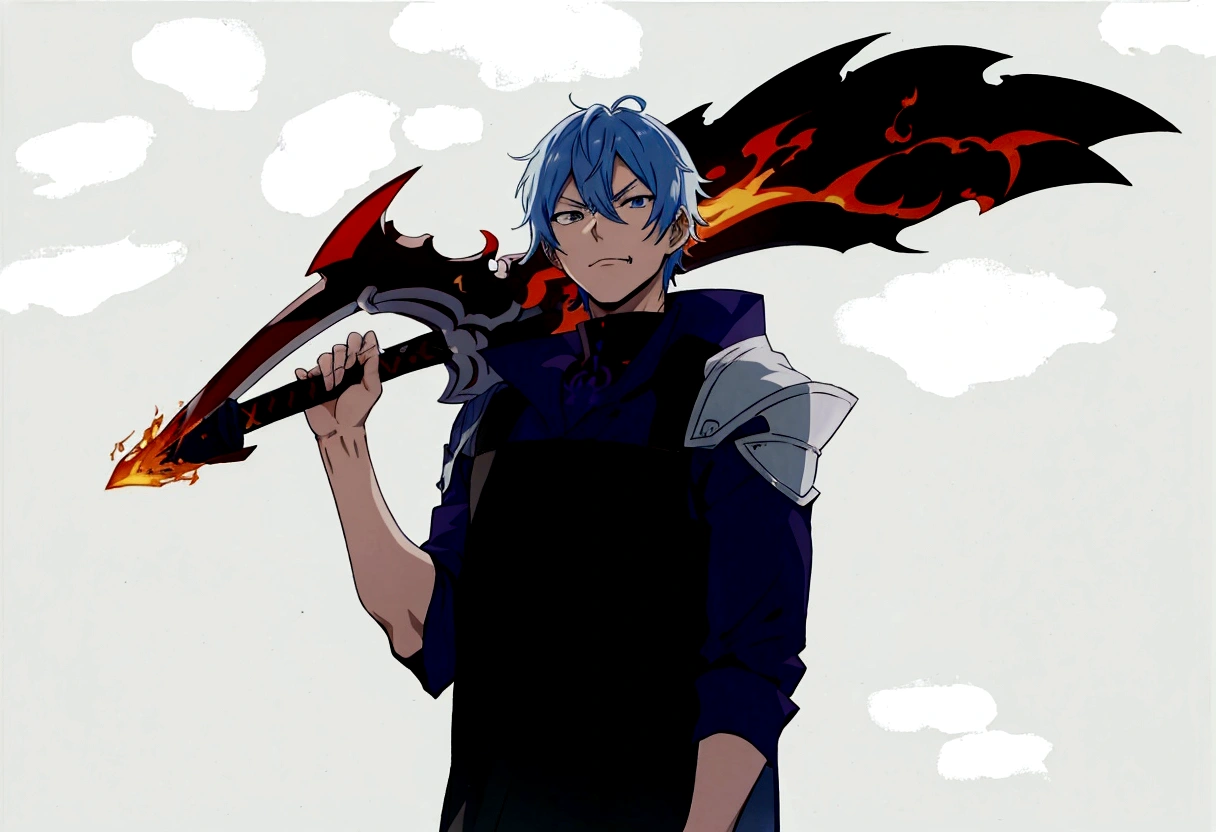 anime - style image of a man with a sword and a flame, 2d anime style, 2 d anime, by Shitao, with leviathan ax, shigenori soejima illustration, fire!! whole body, epic anime style, inspired by Kamisaka Sekka, by Kamisaka Sekka, zerochan art, he is very threatening and evil