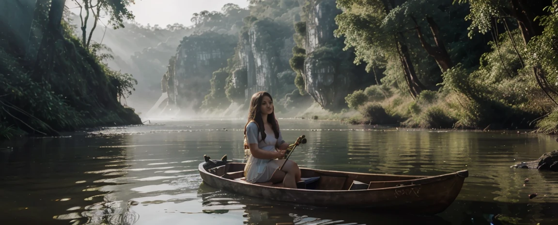 young beautiful girl adventurer，face to screen, on a boat, minimum clothing, river in the fog, Mystical forest lagoon, dreamy scene, Индонезия National Geographic, in a serene landscape, Mystical scene, Mysterious lake, Beautiful Vietnamese jungle, mystical setting, Beautiful setting, Tranquil environment, early morning light, Awesome atmosphere, Morning River, enchanting and otherworldly, lost in a dreamy fairytale landscape, many colors