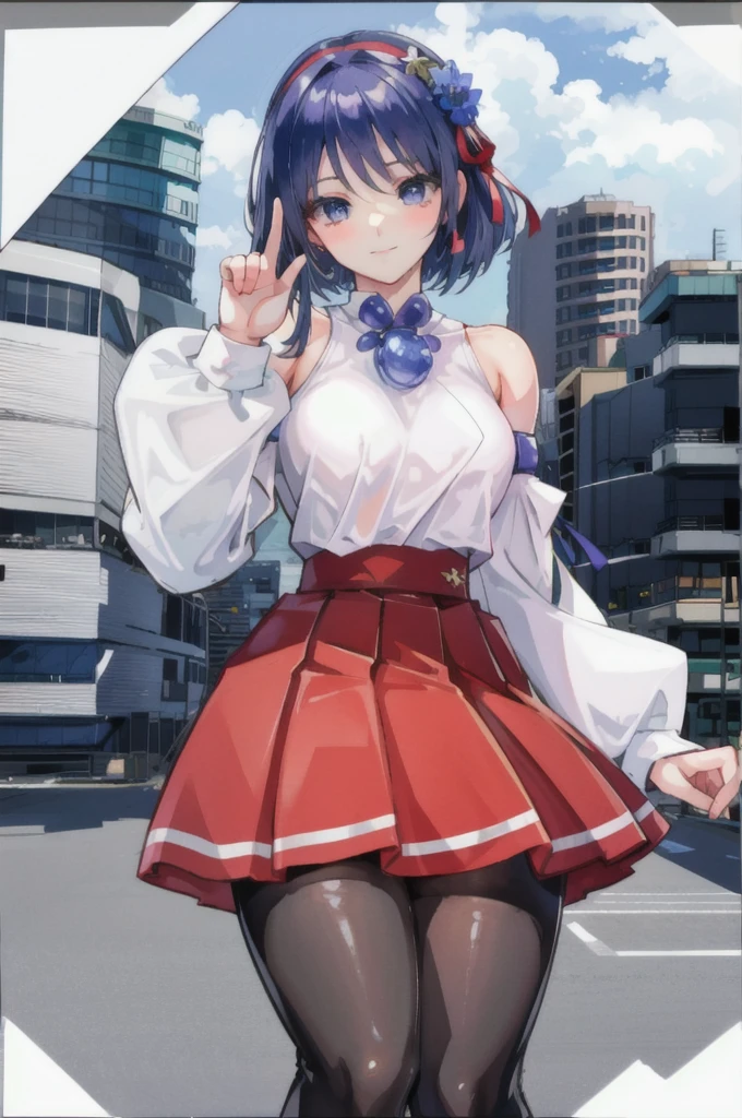 realistic image, coherent image, detailed image, 1 beautiful girl. she has short, by white. her eyes are blue, long eyelashes. Her face is oval and delicate., smiling. She wears a long sleeve, bare shoulders, Top con bare shoulders, Pleated mini skirt, and mid-thigh stockings. she has a curvy body, medium breasts, thick thighs. pose sexy. destroyed buildings background, surrounded by nature, natural lighting, volumetric lighting,