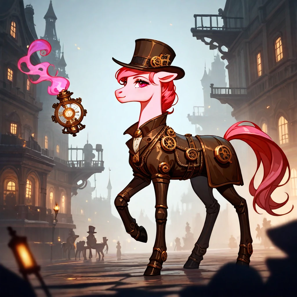  (check_9,check_8_up,check_7_up,check_6_up,check_5_up,check_4_up) black and pink pony in steampunk style, luminous, bizarre, Enchanted, magic, fantasy art concept, complex parts, 