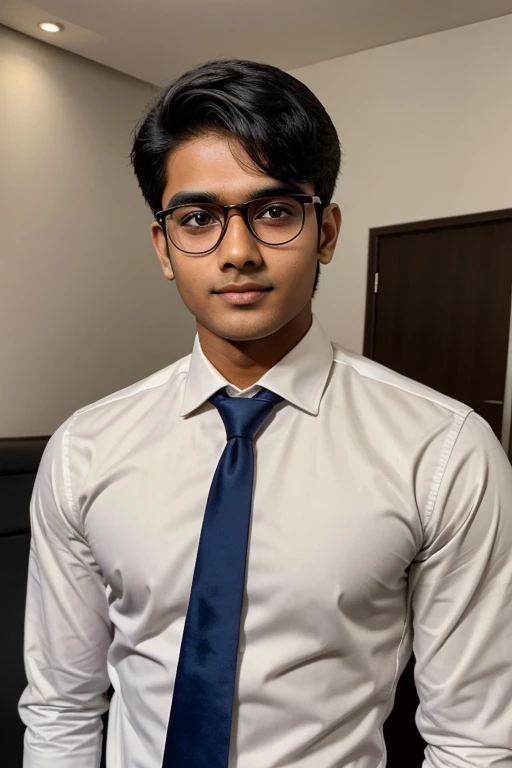 19 year old indian boy with fair skin wearing spectacles and narrow body posing a linkedin picture in formals