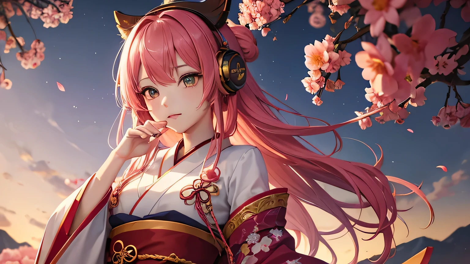 masterpiece, Highest quality, Highest quality, Official Art, beautifully、aesthetic:1.2), (One girl), Very detailed,(Fractal Art:1.3),colorful,Most detailed pink hair、I have headphones on。No exposure。oiran。Fascinating, high-quality Official Art pieces featuring captivating and elegant women。She is dressed in traditional Japanese clothing.、Colorful and complex fractal patterns。For long, flowing pink hair、Decorated with beautiful red and green flowers and gold accessories、It frames the face。Eyes colored gold and red、Staring at the camera with a seductive look。women are、Put on headphones and complete the ENC