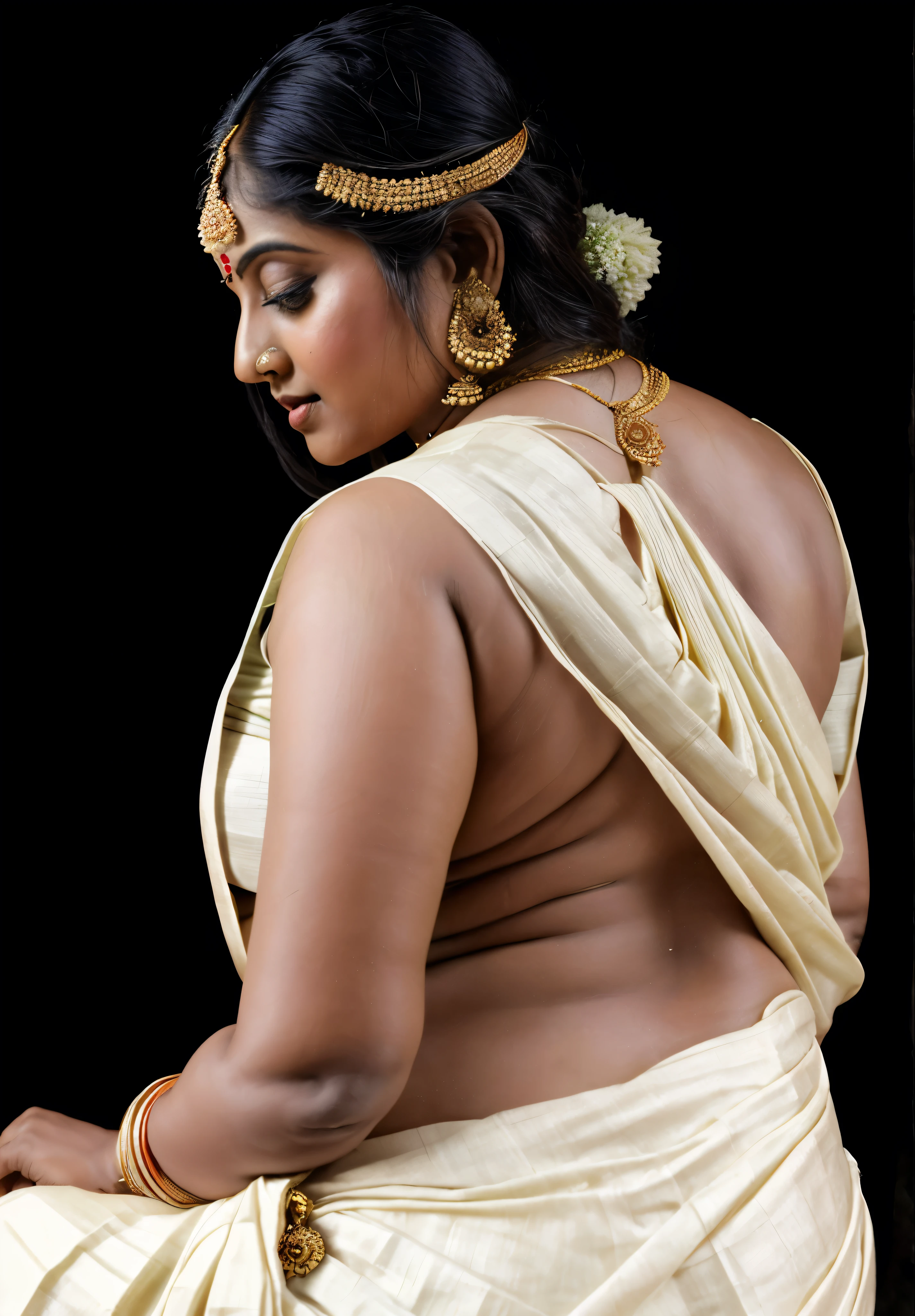 An Extremely gorgeous and beautiful Bengali village woman, 45 yo, pale white skin, sensual appealing body, perfect thick and chubby Beauty, wearing saree bare-chested, curvy, sexy navel folds, fleshy figure, Bengali village style saree, wearing a Bengali-style saree without a blouse,, ethnic vintage bengali village woman, bengali style saree, The sari was worn without a blouse and petticoat before the British Raj, baring one's chest or being blouseless, Bengalis a.k.a. Bongs are known for their unique Bengali fashion sense (the way they don that sari makes you go wow), Pre British Raj, Pre colonial era, Bengali Woman draping sari without blouse is a normal thing in pre British Era, bong woman,