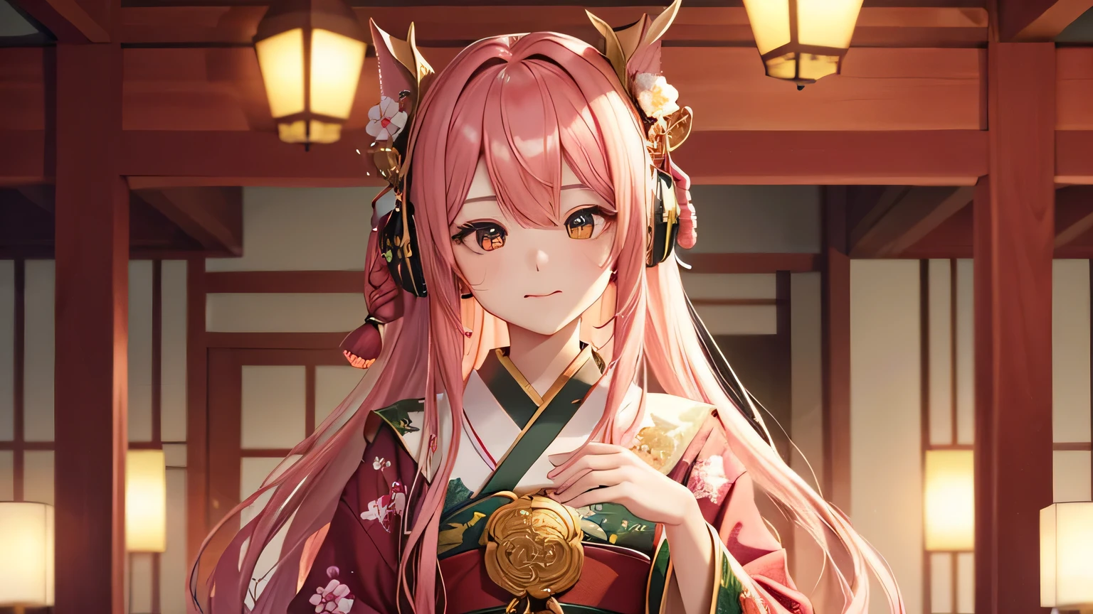 masterpiece, Highest quality, Highest quality, Official Art, beautifully、aesthetic:1.2), (One girl), Very detailed,(Fractal Art:1.3),colorful,Most detailed pink hair、I have headphones on。No exposure。oiran。Fascinating, high-quality Official Art pieces featuring captivating and elegant women。She is dressed in traditional Japanese clothing.、Colorful and complex fractal patterns。For long, flowing pink hair、Decorated with beautiful red and green flowers and gold accessories、It frames the face。Eyes colored gold and red、Staring at the camera with a seductive look。women are、Put on headphones and complete the ENC