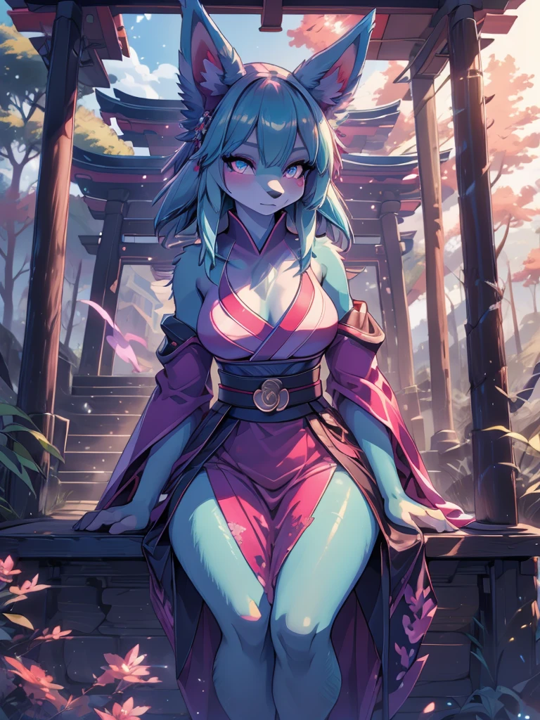 Miku Hatsune x vixen high definition good anatomy add_detail:1, blue fur,kitsune ears, tribal tattoo add_detail:1, cute girl add_detail:1, feudal priestess clothing add_detail:1, japanese shrine landscape add_detail:1, japanese shrine costume add_detail:1, add_detail:1, fullbody  descalza add_detail, highly detailed face, deep aqua iris add_detail:1 lighting eyes add_detail:3, wolf claws, sharp fangs add_detail:1, wild slut add_detail:1, aura of resplendent light add_detail:3