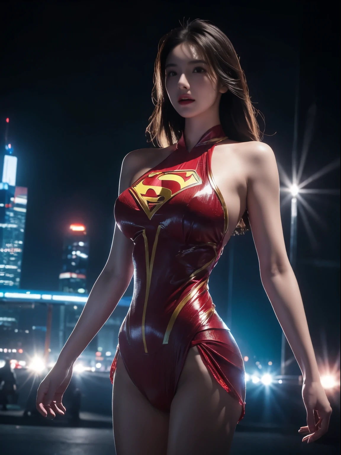 a close up of a asia woman in a superman costume standing on a cityscape, amouranth as a super villain, super photo realistic, realistic cosplay, super photo-realistic, ultra mega super hyper realistic, super-hero girl, super realistic photo, superhero body, highly detailed giantess shot, supergirl, superhero, superhero portrait, super model, super hero, super photorealistic, gigantic breasts, showing Vulvas muscular body, sexy body,