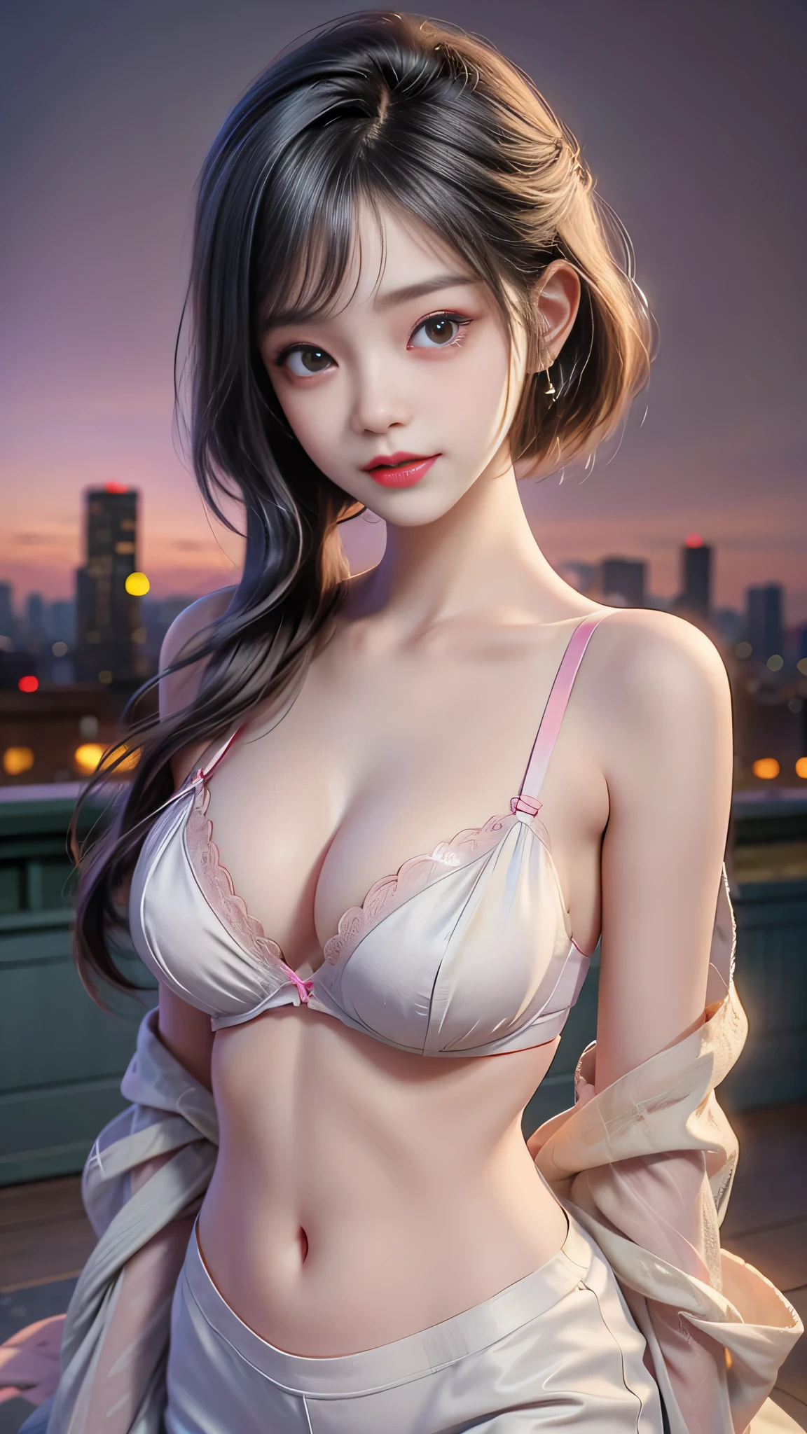 (8K、RAW Photos、top-quality、masterpiece:1.2),(realisitic、Photorealsitic:1.37),1人,japanes,20yr old,femele,In a luxurious room with a panoramic view of the night view of Tokyo,natta,profetional lighting,Photon mapping,Big, Attractive eyes,long eyelasher,(Live-action realistic style),Extremely beautiful face、very very gigantic ,ultra gigantic 、See-through bra with a very small size,gals,Lots of lashes,Lame on the eyelids,pitch red lip,pubick hair,the lower abdomen bristles,A slender,My are big and are about to spill out of my bra,There is one mole on the chest,Underwear with see-through,((Show your viewers your best smile)),Shorthair,Standing,Take very erotic poses,Make eye contact with your audience, cinematic neon light, necklake, cleavage, dodge burn skin, realistic