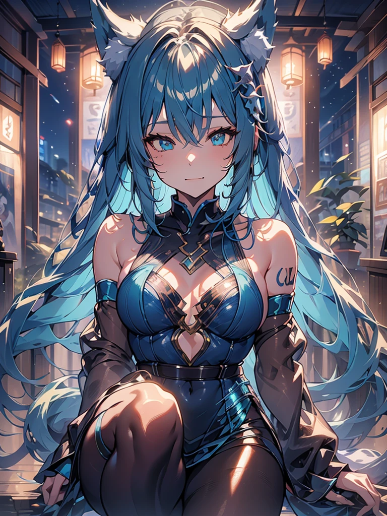 giant girl 50,000 feet high,Weight 1000kg,Have a pair of long legs,Has a pair of huge blue angel wings,With huge devil horns on his head,wear a crown on your head,Elf wearing blue earrings,She has long blue hair that reaches her feet,loose hair,Long curly blue hair,Wearing a pair of blue boots,blue lace gloves,Blue lace pantyhose,Bow and star embellished tights,蓝色蕾丝whole body,Touch your hair gracefully,Leaning on a tall building,Beautiful appearance,Exquisite makeup,quality,8k,高quality,Perfect proportion, Cinema lighting,film grain,Fuji colors,8k,textured skin,Super details,high detail,high resolution,fake smile,blood stains,脚底有blood stains,whole body,fat,elf princess,feather,flowers