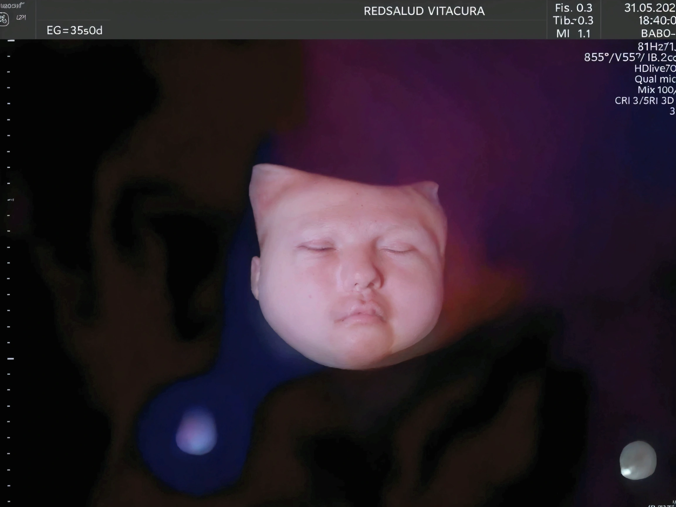 Enhance this 4D ultrasound image of a 34 weeks fetus. Arafed image of a baby's face, fetus, high-resolution scan, Very chromatic aberration, extremely high-quality scan, Hyper-realistic simulation, high-quality scan, Bump mapping, High-quality 3D realism, simetry! human fetus, Realistic flesh texture, Heavy JPEG artifact blurred, Highly realistic bump mapping, high-resolution scan. A close-up image of a head with an image of a 34 weeks fetus, high-resolution scan, high-resolution scan, Escaneo 4K, Escaneo 4K, Escaneo HD, fetus, Cerrar - IP shot, Tapa de pantalla, Medical imaging, Highly coherent image, Detailed analysis, screen capture, extremely high-quality scan, 8K scan, 8K scan, Detailed screen capture. face in profile. eyes closed