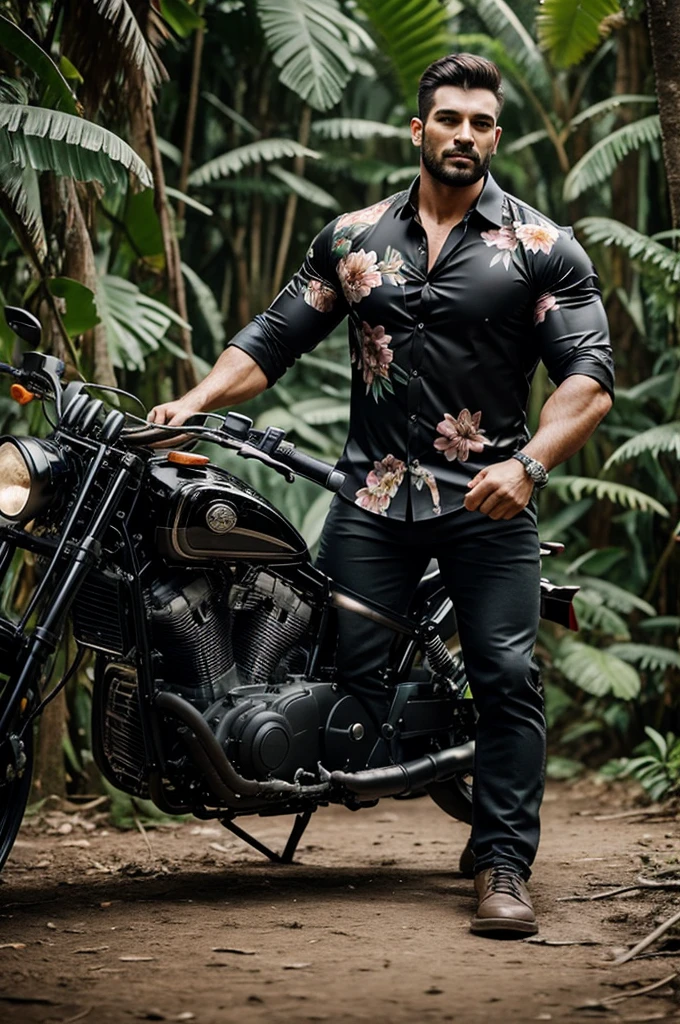 Big giant muscular build men wearing unbuttoned black shiny flower printed shirt on heavy motor bike in jungle 