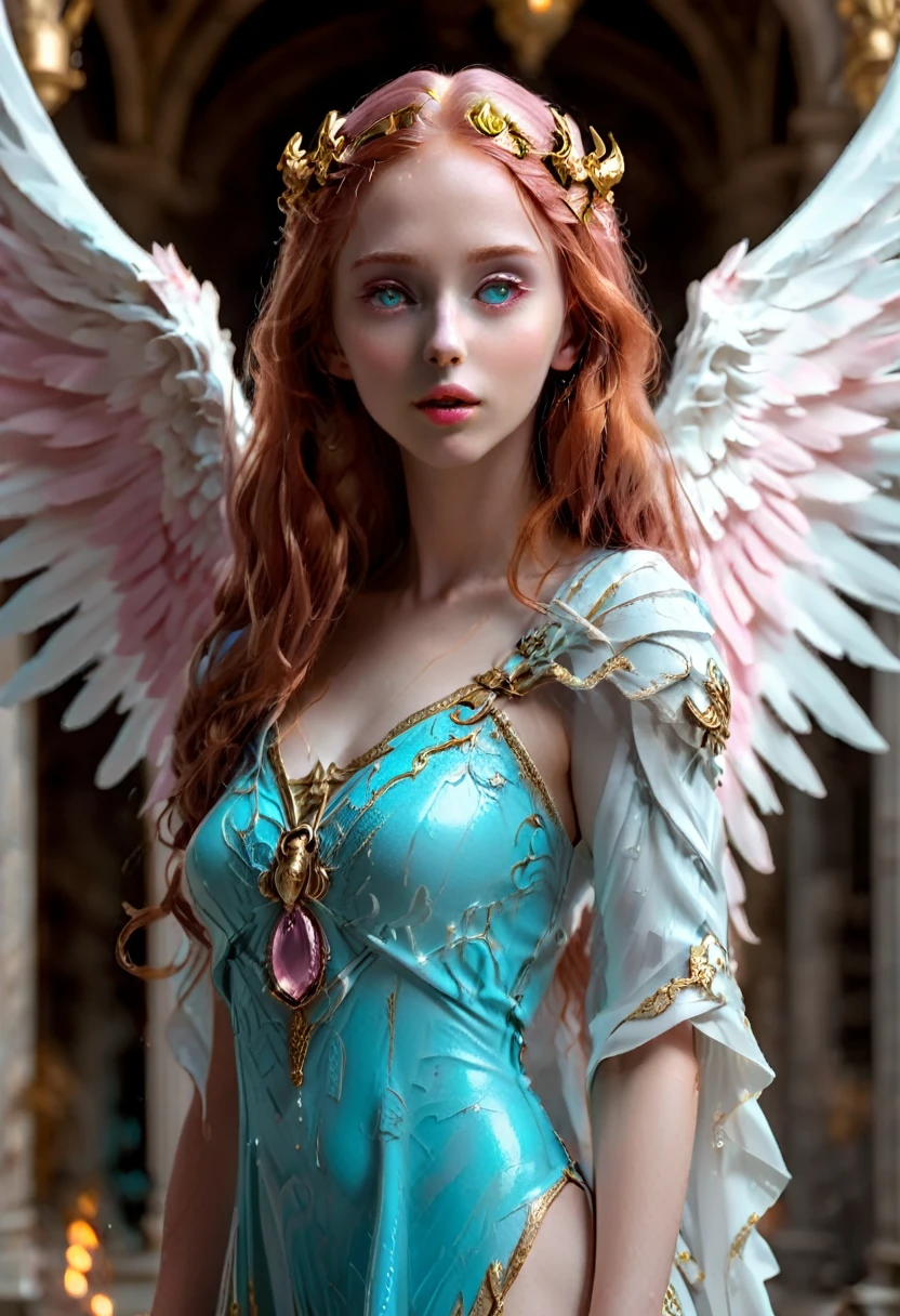 eris, beautiful greek goddess of discord, beautiful young adult woman with long red hair, white angel wings;which he wears loose, Yellow eyes(mischievous and sensual look), brushed lips, pale skin, dressed in an elegant ancient Greek costume of aqua color with gold details((She must be wet with her breasts and pink nipples visible through her tunic.)), Underworld. Marvel drawing style image