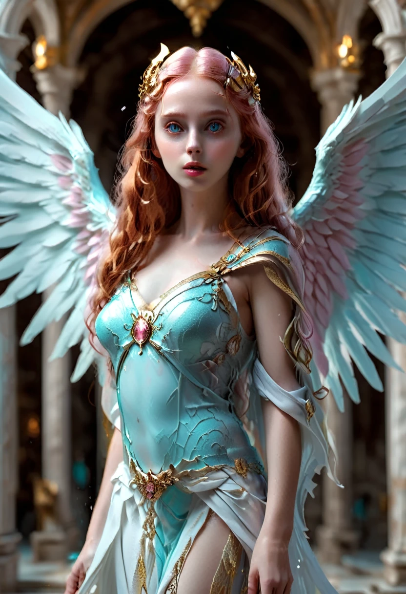 eris, beautiful greek goddess of discord, beautiful young adult woman with long red hair, white angel wings;which he wears loose, Yellow eyes(mischievous and sensual look), brushed lips, pale skin, dressed in an elegant ancient Greek costume of aqua color with gold details((She must be wet with her breasts and pink nipples visible through her tunic.)), Underworld. Marvel drawing style image