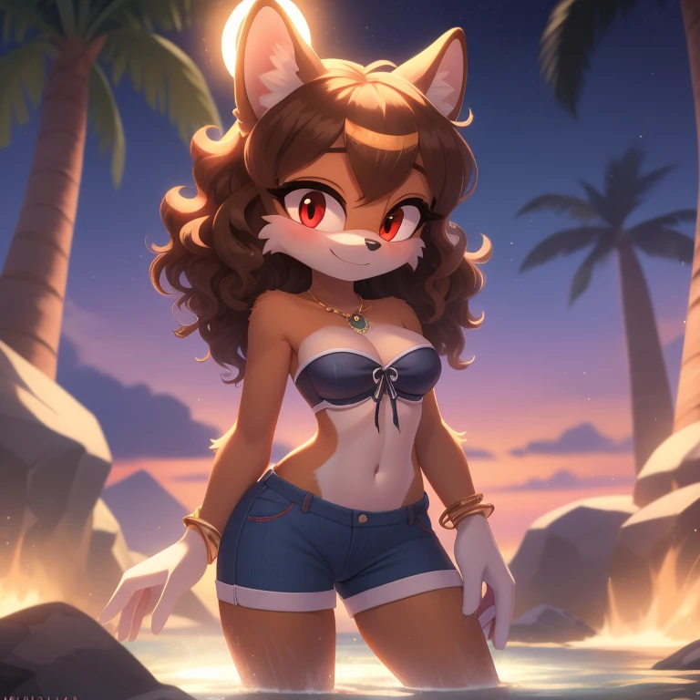 mobian, solo, hedgehog, two-tone fur ((orange fur, brown fur)), strapless bathing suit, cleavage, slim jeans, high-top sneakers, small breasts, two-tone hair (brown hair, black tip)), curly hair, halo, sunglasses, jewelry, red eyes, longeyelashes, red eyes, smile, shy, blush, pose, high detail, masterpiece, UHD, anatomically correct, super detail, highres, 4K