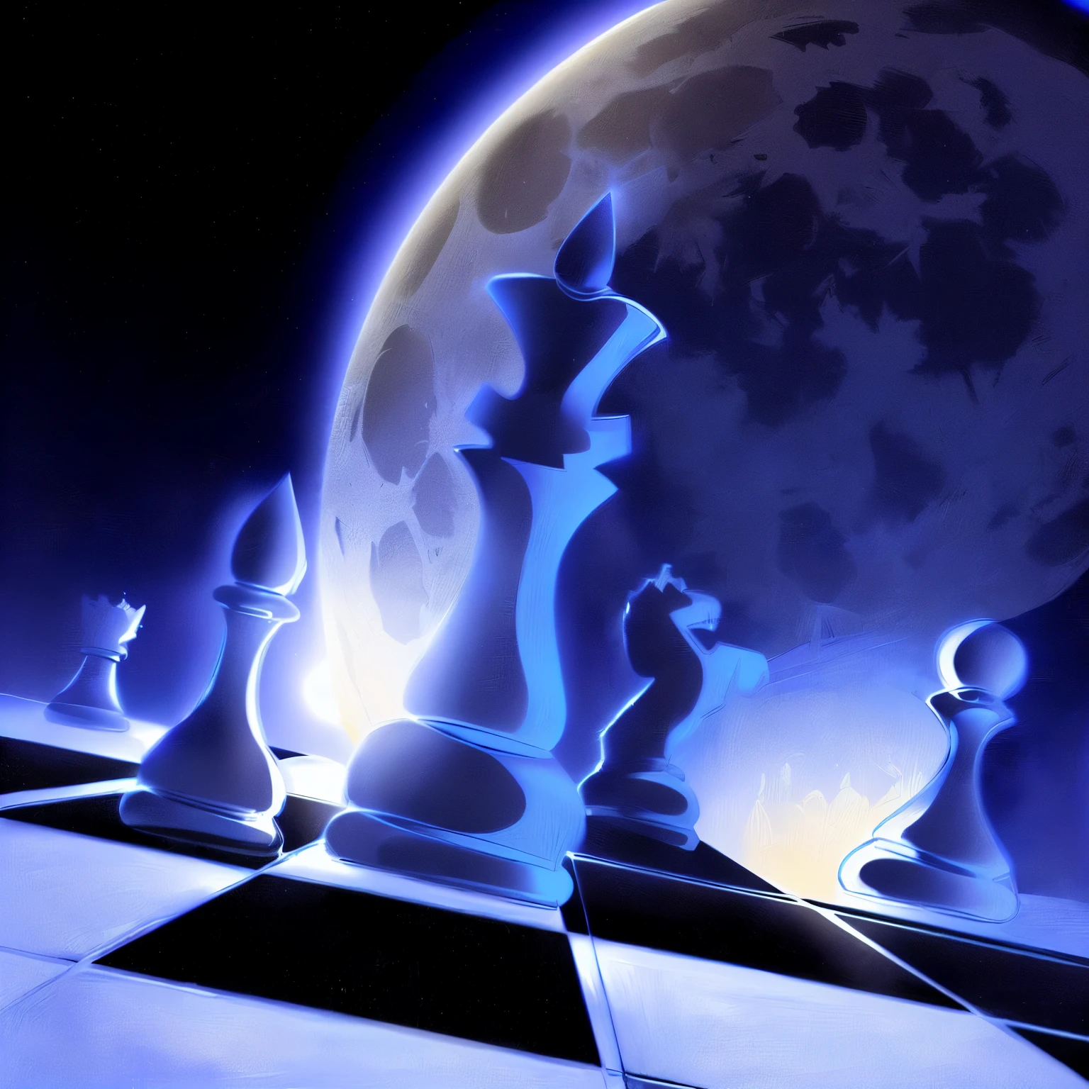 a group of chess pieces on a chess board with a full moon in the background, surreal chess, chess game, !!playing chess!!, chess, playing chess, chess motiffs, chess tournament, game illustration, chess set, knight chess, chess knight, concept illustration, by Allen Jones, by Carey Morris, chess piece, #illustration, chess pawn, illustration!