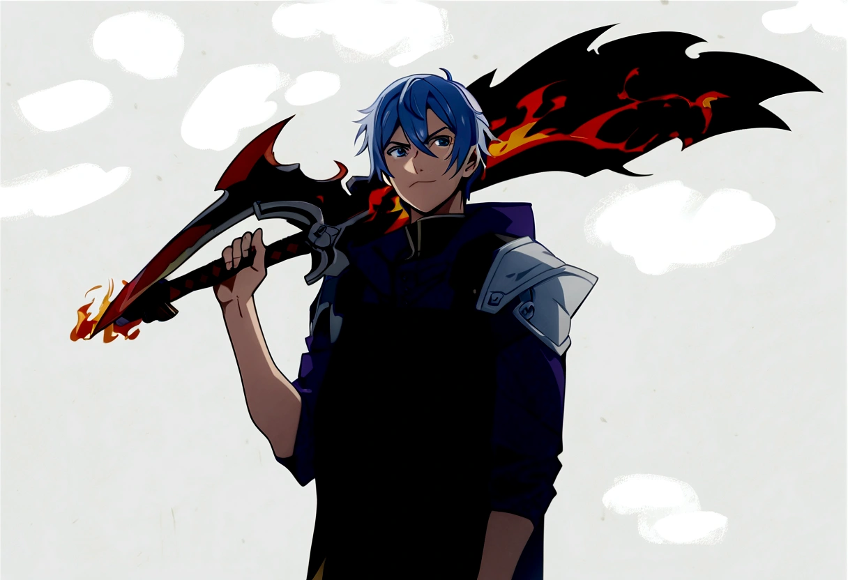 anime - style image of a man with a sword and a flame, 2d anime style, 2 d anime, by Shitao, with leviathan ax, shigenori soejima illustration, fire!! whole body, epic anime style, inspired by Kamisaka Sekka, by Kamisaka Sekka, zerochan art, he is very threatening and evil