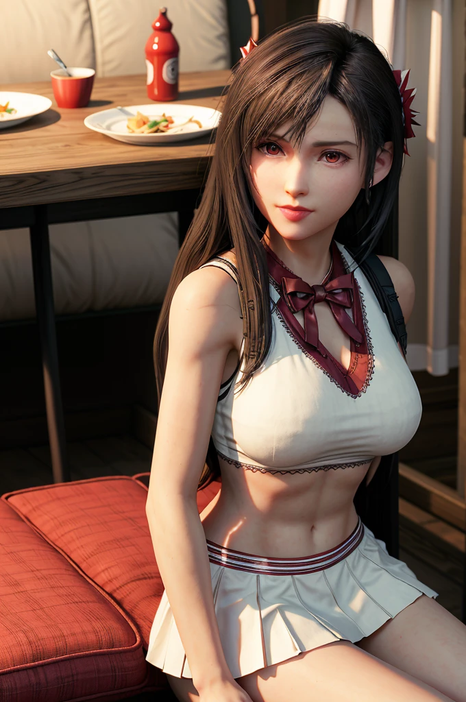 A photo of a young, nerdy woman sitting in a caf, wearing a white shirt and a bow, surrounded by a cozy atmosphere, looking at the viewer.
short hair, slender, red lips, transparent fabric, flirting with the camera