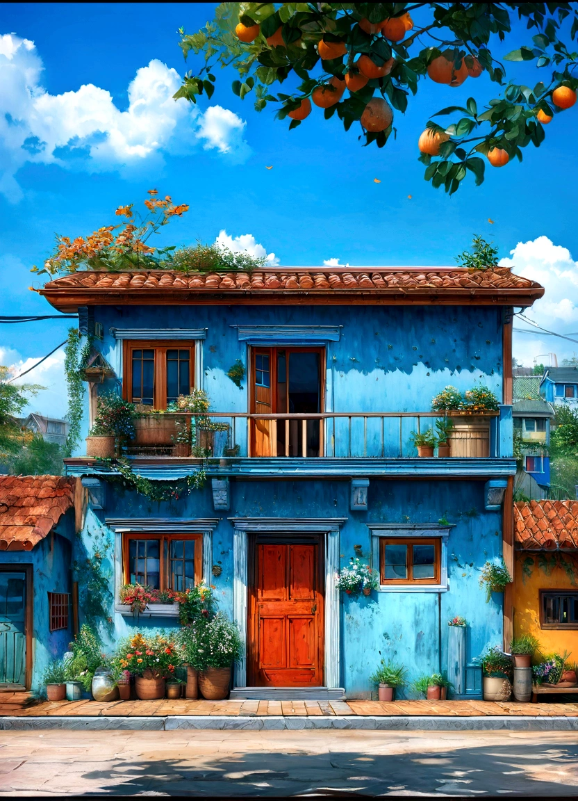 painting of a blue house with oranges on the balcony, colorful house, realistic painting style, colorful hyperrealism, colorful architecture, highly detailed digital painting, super realistic painting style, beatiful house, hdr digital painting, beautiful digital painting, vibrant and vivid color, vibrant vivid colors, details and vivid colors, orange and blue colors, vibrant realistic colors, colorful building