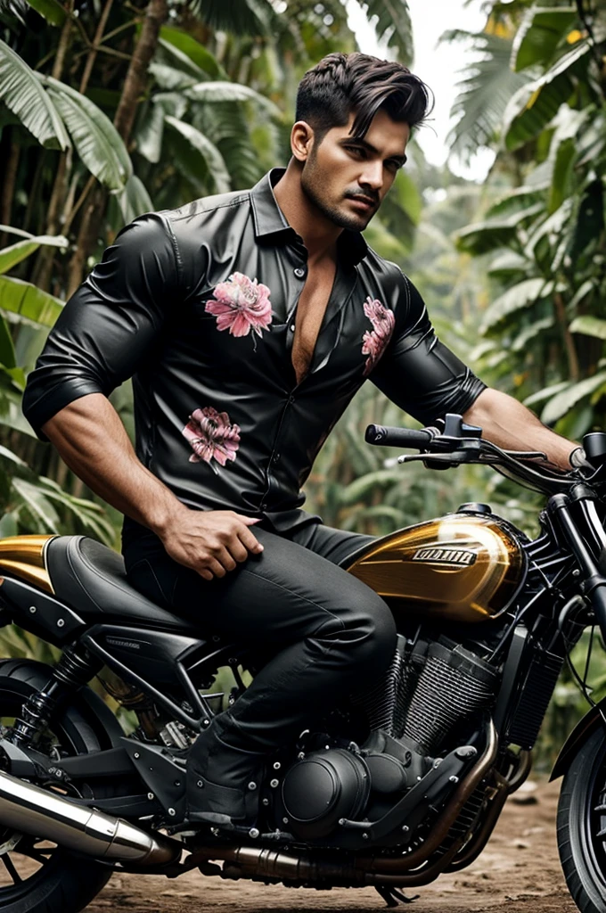 Big giant muscular build men wearing unbuttoned black shiny flower printed shirt on heavy motor bike in jungle