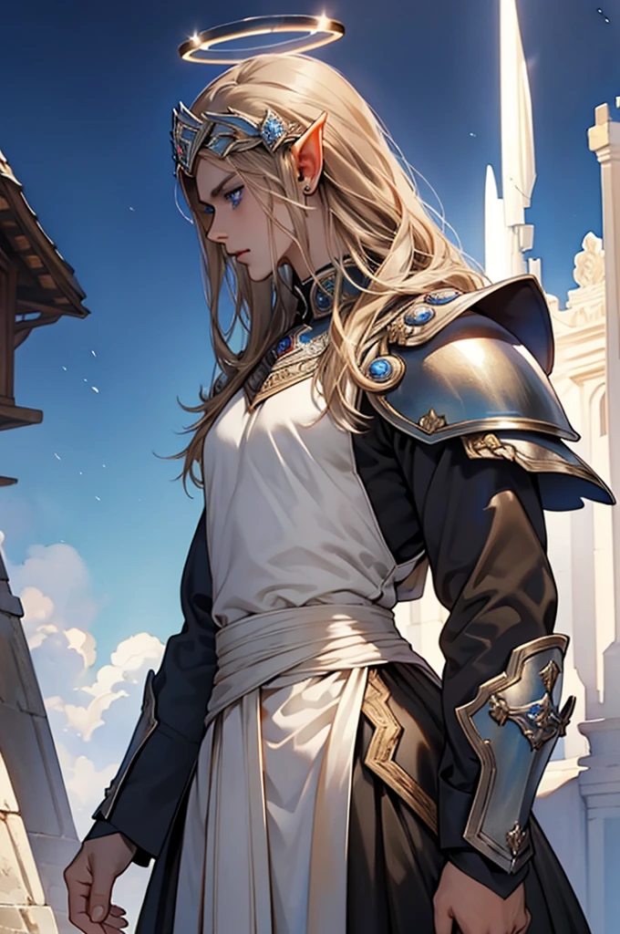 (masterpiece:1.2, best quality), (exquisite eyes: 1.2), ((solo)), (blue eyes:1.4), (exquisite eyes and exquisite face:1.3), ( beautiful and clear background: 1.2), (extremely detailed CG, super detailed, best shadows: 1.1), ((depth of field)), ((watercolor)), Beautiful Concept Art, (dark Background: 0.5), (Illustration: 1.1), (Extremely Delicate: 1.1), (Perfect Details: 1.1), Profile, long hair ,light brown hair,, solo,male, elf ears, ear piercings , black armor, black clothes,Fulllength, angry, big halo, strong, angel, metal helmet
