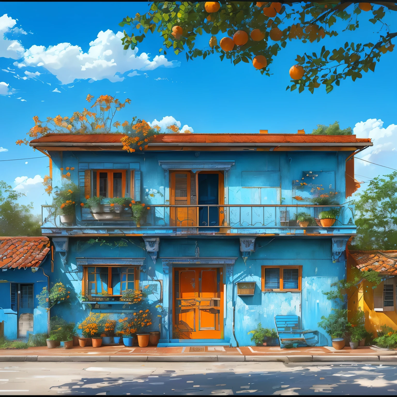 painting of a blue house with oranges on the balcony, colorful house, realistic painting style, colorful hyperrealism, colorful architecture, highly detailed digital painting, super realistic painting style, beatiful house, hdr digital painting, beautiful digital painting, vibrant and vivid color, vibrant vivid colors, details and vivid colors, orange and blue colors, vibrant realistic colors, colorful building
