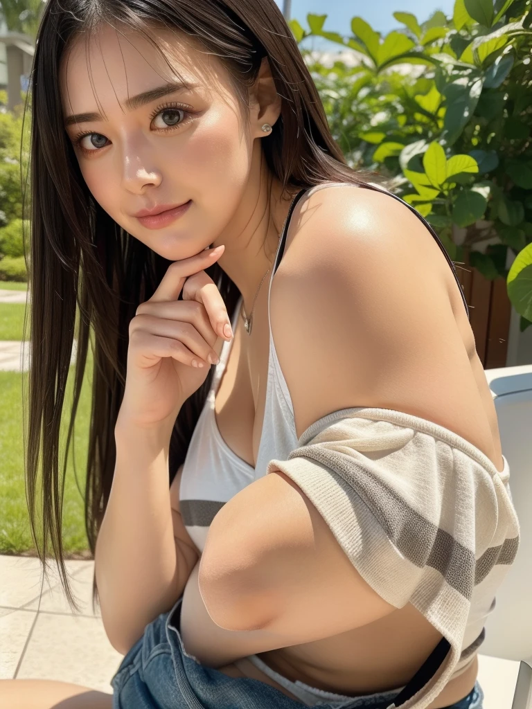 rie,One Woman,(best quality), (ultra detailed), (absolutely resolution), (the body is moist:1.2),Face is front,Highly revealing, 20-year-old, Hide your mouth with your fingers, (Shorts bikini), The swimsuit is cream colored, The swimsuit has a striped pattern, Black Hair, Earrings, The interior is simple and stylish, with a unified monotone theme