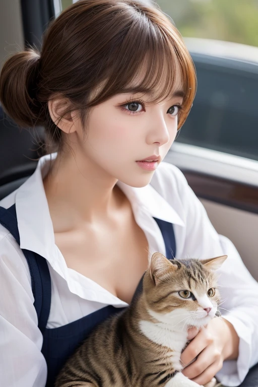 masterpiece:1.3), (8K, Realistic, RAW Photos, Best image quality: 1.4), Japanese schoolgirl、(Random Hairstyles:1.2)、Highly detailed face、Attention to detail、double eyelid、Chest to chest、Sharp focus:1.2、Beautiful woman:1.4、Light brown hair、Highest quality、masterpiece、Ultra-high resolution、(Realistic:1.4)、非常に詳細でプロフェッショナルに照らされたlol顔、Loose、thin、lol、Short-haired、Deadly position、Pets lying down、