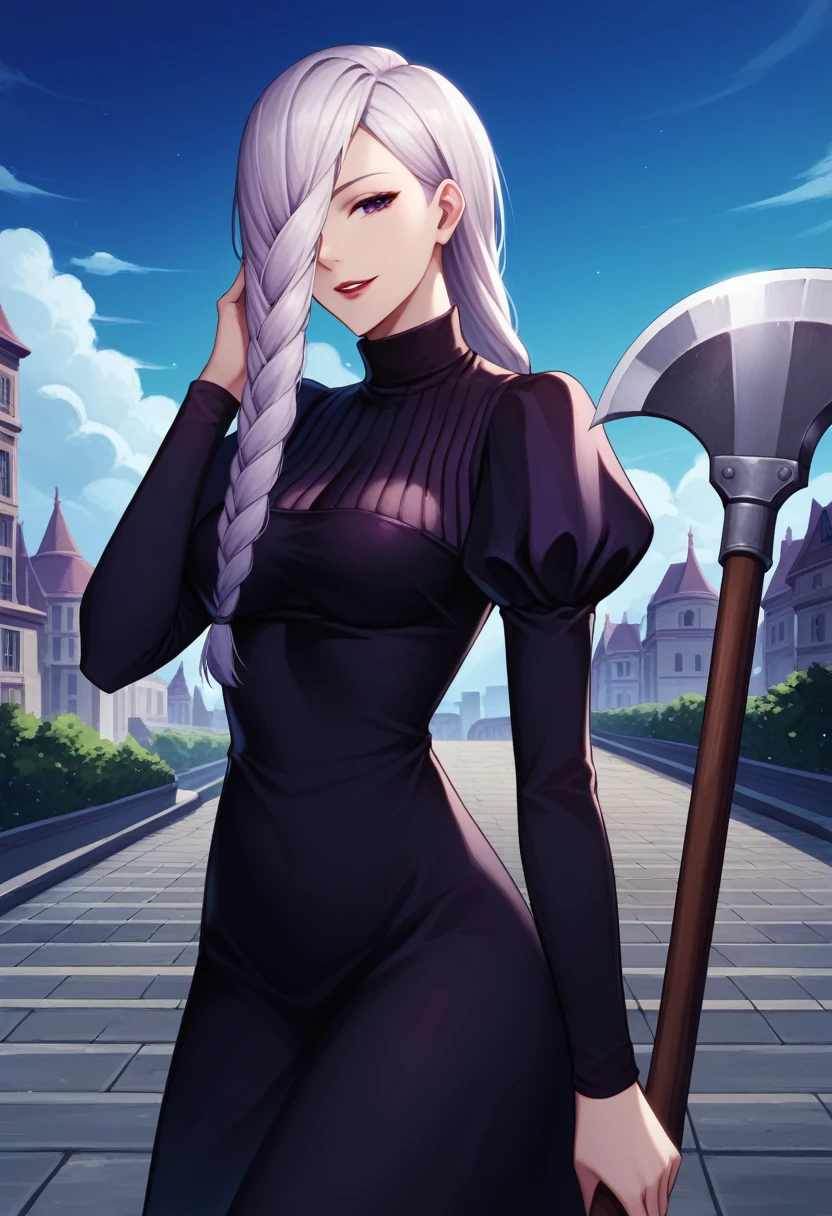 score_9_up, score_8_up, score_7_up, 1girl, solo, mature female, mei mei, (((holding axe))), (((large axe))), hand in hair, crow on shoulder, looking at viewer, white hair, braid, hair over one eye, half closed eye, braided ponytail, braided bangs, purple eye, red lips, parted lips, smile, long sleeves, dress, puffy sleeves, black dress, juliet sleeves, turtleneck dress, outdoors, night time, city, standing
