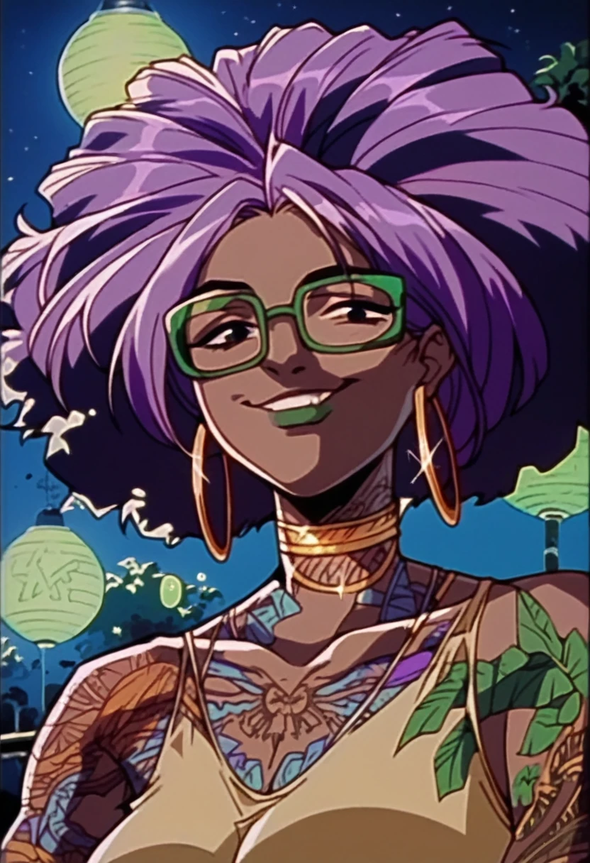 beautyful african woman, african skin, huge full afro purple hair, green mouth, hoop earring, green aviator glasses, chocker, dragon tattoo, night, purple lights, smile
