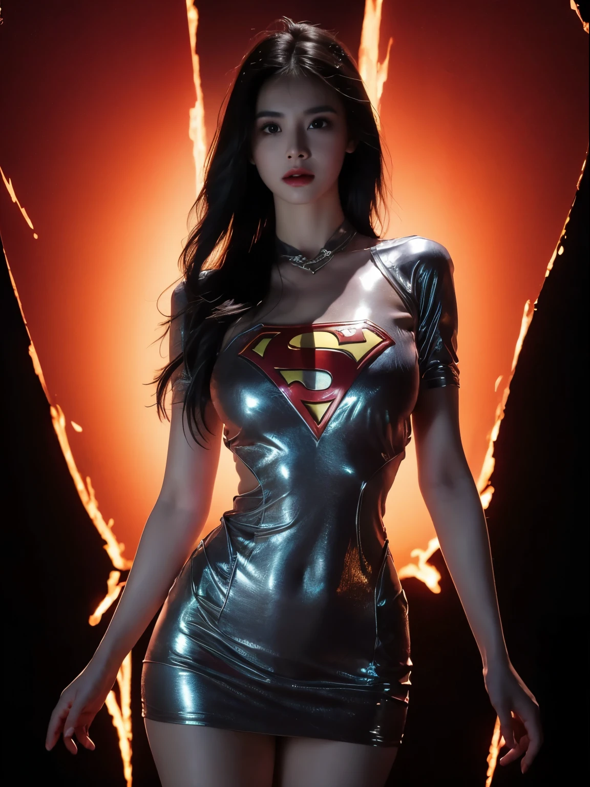 a close up of a asia woman in a superman costume standing on a cityscape, amouranth as a super villain, super photo realistic, realistic cosplay, super photo-realistic, ultra mega super hyper realistic, super-hero girl, super realistic photo, superhero body, highly detailed giantess shot, supergirl, superhero, superhero portrait, super model, super hero, super photorealistic, gigantic breasts, showing Vulvas muscular body, sexy body,